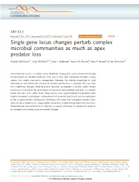 Single Gene Locus Changes Perturb Complex Microbial Communities As Much As Apex Predator Loss