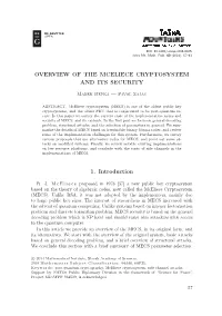 Overview of the Mceliece Cryptosystem and Its Security