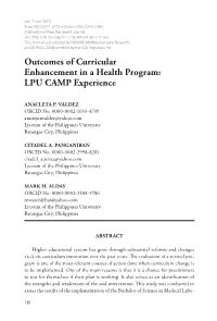 Outcomes of Curricular Enhancement in a Health Program: LPU CAMP Experience