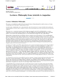 Lectures: Philosophy from Aristotle to Augustine