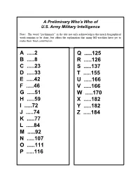 A Preliminary Who's Who of US Army Military Intelligence