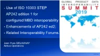 Use of ISO 10303 STEP AP242 Edition 1 for Configured MBD Interoperability - Enhancements of AP242 Ed2; - Related Interoperability Forums