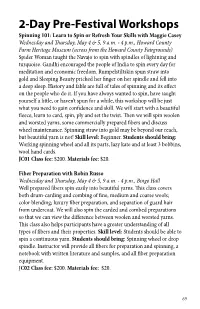 2-Day Pre-Festival Workshops Spinning 101: Learn to Spin Or Refresh Your Skills with Maggie Casey Wednesday and Thursday, May 4 & 5, 9 A.M