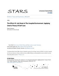 The Effect of Job Strain in the Hospital Environment: Applying Orem's Theory of Self Care