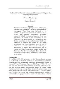 The Role of Art Objects in Technological Development of Nigeria: an Archaeological Perspective