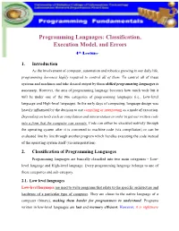 Programming Languages: Classification, Execution Model, and Errors