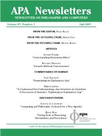 APA Newsletters NEWSLETTER on PHILOSOPHY and COMPUTERS