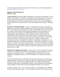 This Transcript Is Provided for the Convenience of Investors Only, for a Full Recording Please See the Q4 2017 Earnings Call Webcast