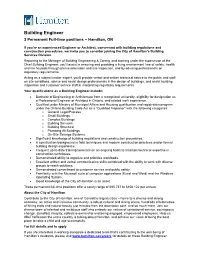 Building Engineer 2 Permanent Full-Time Positions – Hamilton, ON