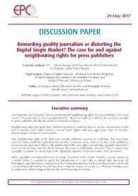 Rewarding Quality Journalism Or Distorting the Digital Single Market? the Case for and Against Neighbouring Rights for Press Publishers