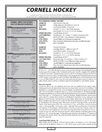 Cornell Hockey Contact: Kevin Zeise, Assistant Director of Athletic Communications Ph