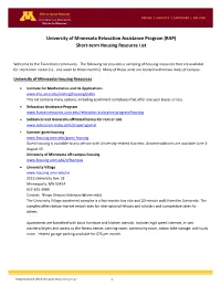 Short-Term Housing Resource List
