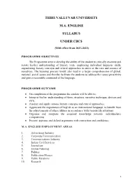 Thiruvalluvar University M.A. English Syllabus Under Cbcs