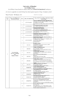 University of Mumbai List of Polling Centers List of Polling Centers Fixed for the Purpose of Election of Head of the Department Constituency