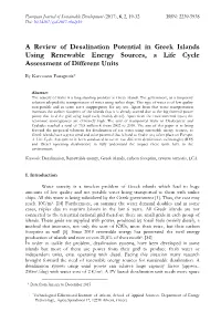 A Review of Desalination Potential in Greek Islands Using Renewable Energy Sources, a Life Cycle Assessment of Different Units
