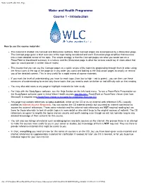 Water and Health Programme Course 1 - Introduction