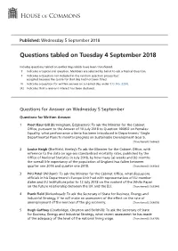 Questions Tabled on Tue 4 Sep 2018
