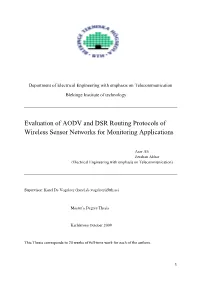 Evaluation of AODV and DSR Routing Protocols of Wireless Sensor Networks for Monitoring Applications