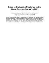 Index to Obituaries Published in the Akron Beacon Journal in 2001
