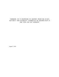 Verisign, Inc.'S Response to Report from the Icann Security and Stability Committee Re “Redirection in The