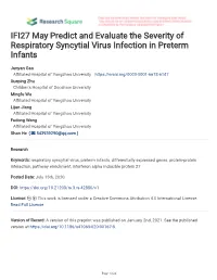 IFI27 May Predict and Evaluate the Severity of Respiratory Syncytial Virus Infection in Preterm Infants