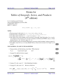 Errata for Tables of Integrals, Series, and Products (8 Edition)