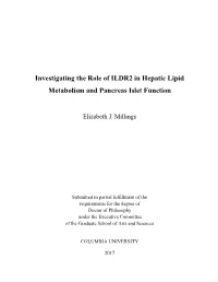ILDR2 in Hepatic Lipid Metabolism and Pancreas Islet Function