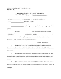 PETITION to RECOUNT AND/OR RECANVASS and AFFIDAVIT of [Your Name] ______
