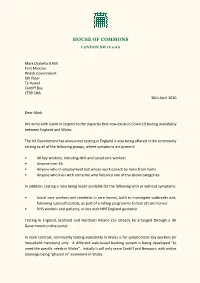 Letter to First Minister Re Testing