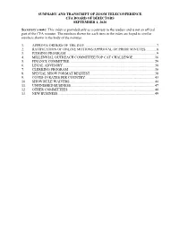 Summary and Transcript of Zoom Teleconference Cfa Board of Directors September 1, 2020