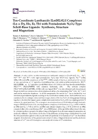 Ten-Coordinate Lanthanide [Ln(HL)(L)] Complexes (Ln = Dy, Ho, Er, Tb) with Pentadentate N3O2-Type Schiﬀ-Base Ligands: Synthesis, Structure and Magnetism
