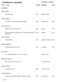 Published in Australia the Women's Library Author Title Format Publisher Date