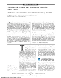 Disorders of Balance and Vestibular Function in US Adultsdata from the National Health and Nutrition Examination Survey, 2001-20