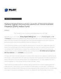Galaxy Digital Announces Launch of Decentralized Finance (Defi) Index Fund