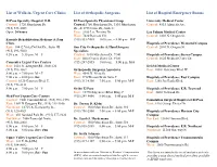 List of Walk-In, Urgent Care Clinics List of Orthopedic Surgeons List of Hospital Emergency Rooms