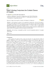 Total Coloring Conjecture for Certain Classes of Graphs