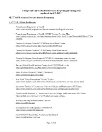 College and University Resources for Reopening in Spring 2021 (Updated April 9, 2021)