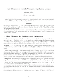 Haar Measure on Locally Compact Topological Groups