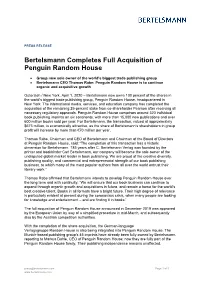 Bertelsmann Completes Full Acquisition of Penguin Random House