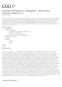 Confessional Migration: Anabaptists – Mennonites, Hutterites, Baptists Etc