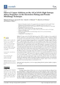 Effect of Copper Addition on the Alcocrfeni High Entropy Alloys Properties Via the Electroless Plating and Powder Metallurgy Technique