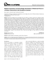 Relative Importance and Knowledge Distribution of Medicinal Plants in a Kichwa Community in the Ecuadorian Amazon
