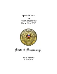 Special Report on Audit Exceptions Fiscal Year 2003