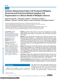 Systemic Mesenchymal Stem Cell Treatment Mitigates Structural and Functional Retinal Ganglion Cell Degeneration in a Mouse Model of Multiple Sclerosis