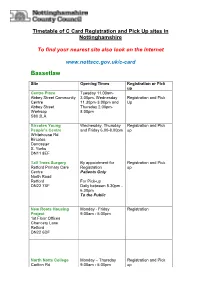 Timetable of C Card Registration and Pick up Sites in Nottinghamshire