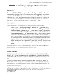 First Prize: an Analysis of the Ontological Argument of St Anselm by Ian Corfield