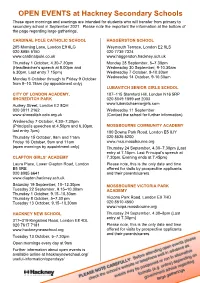 OPEN EVENTS at Hackney Secondary Schools