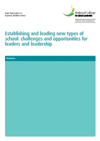 Establishing and Leading New Types of School: Challenges and Opportunities for Leaders and Leadership