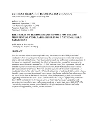 The Threat of Terrorism and Support for the 2008 Presidential Candidates: Results of a National Field Experiment