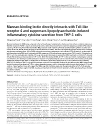 Mannan-Binding Lectin Directly Interacts with Toll-Like Receptor 4 and Suppresses Lipopolysaccharide-Induced Inflammatory Cytokine Secretion from THP-1 Cells